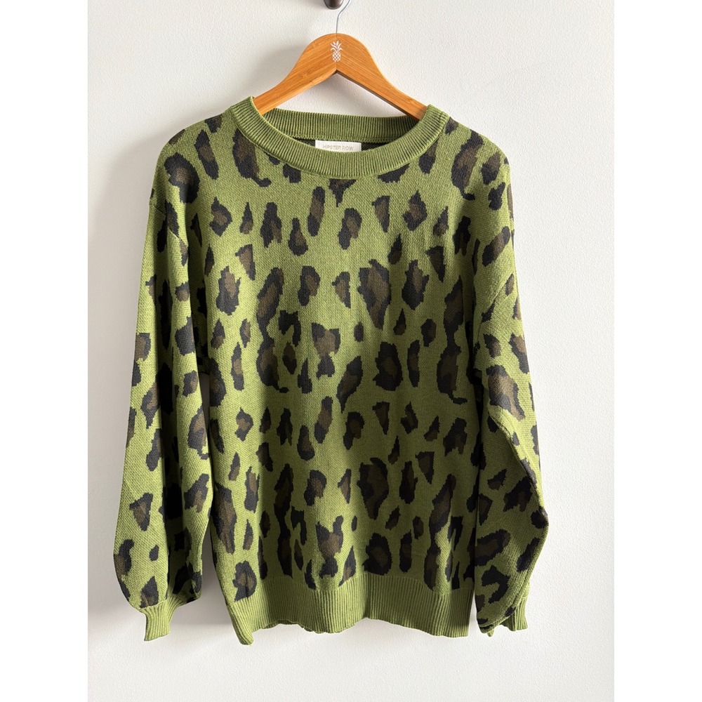 Hipster Row Leopard Print Sweater Green Polyester Animal Print Pullover Small